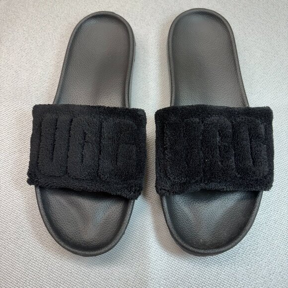 UGG PLUSH Black Slides Slippers - Picture 1 of 4